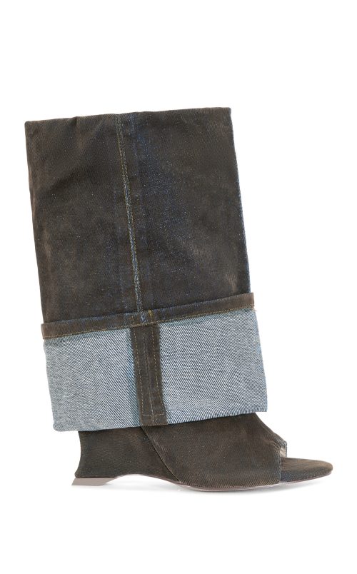 TIN-BROWN VELVET DENIM PEEP TOE WEDGE BOOTIE
