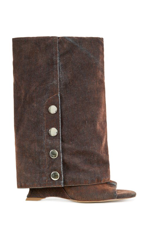 TINSELED-BURNTORANGE VELVET DENIM WEDGE BOOTIE