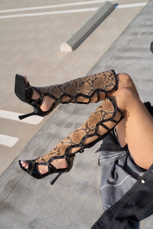 INDRANIHIGH-BLACK GLADIATOR STILETTO SANDAL BOOT